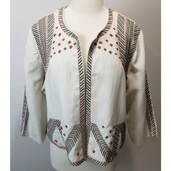 Chicos Jacket 3 16/18 XL Embellished Artisan Chino Linen Beaded Aztec Tribal NWT - Picture 1 of 12